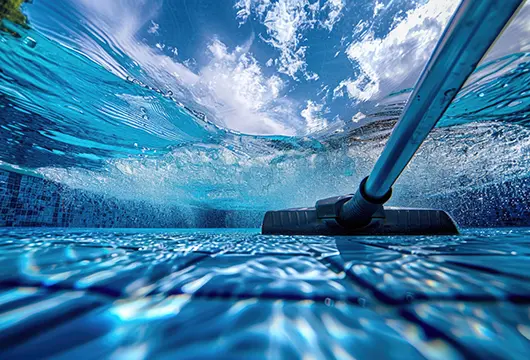 Underwater view of a pool vacuum head cleaning the tiled pool floor, with clear blue water and sunlight rippling across the surface above.