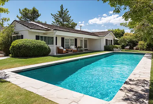 Backyard view of a single-story home with a long rectangular swimming pool, light stone decking, and surrounding green lawn under a clear blue sky.