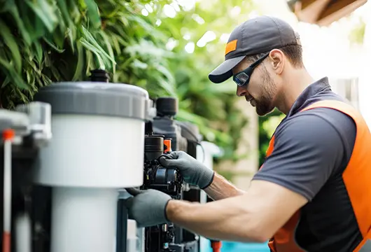 Pool technician wearing a cap, gloves, and safety glasses servicing a pool filtration system beside a house, surrounded by greenery.
