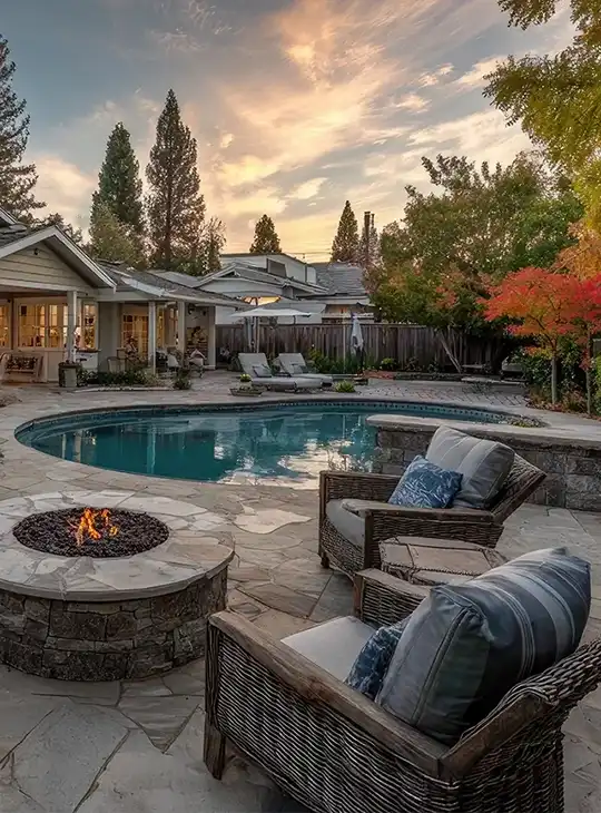Backyard patio with a curved swimming pool at sunset, featuring wicker lounge chairs, a stone fire pit with a small flame, and a landscaped yard with trees and a wooden fence.